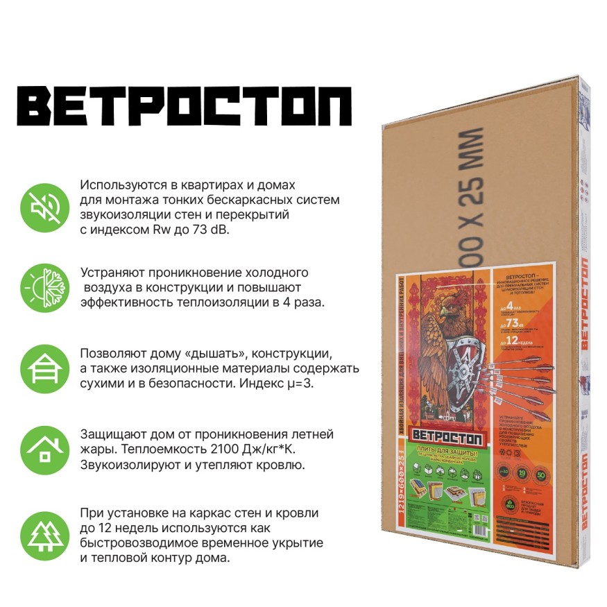 Ветрозащитная шумоизолирующая панель ВЕТРОСТОП 1200х581х25 мм (2,09 м²) купить в Новороссийске